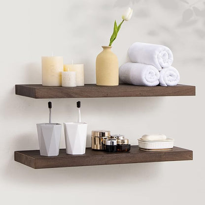 Axeman Floating Shelves for Wall, 24''W x 8'' D Rustic Solid Elm Wood Shelves for Storage, Wall Mounted Display Shelving with Invisible Heavy-Duty Metal Bracket (Walnut, 2PCs)