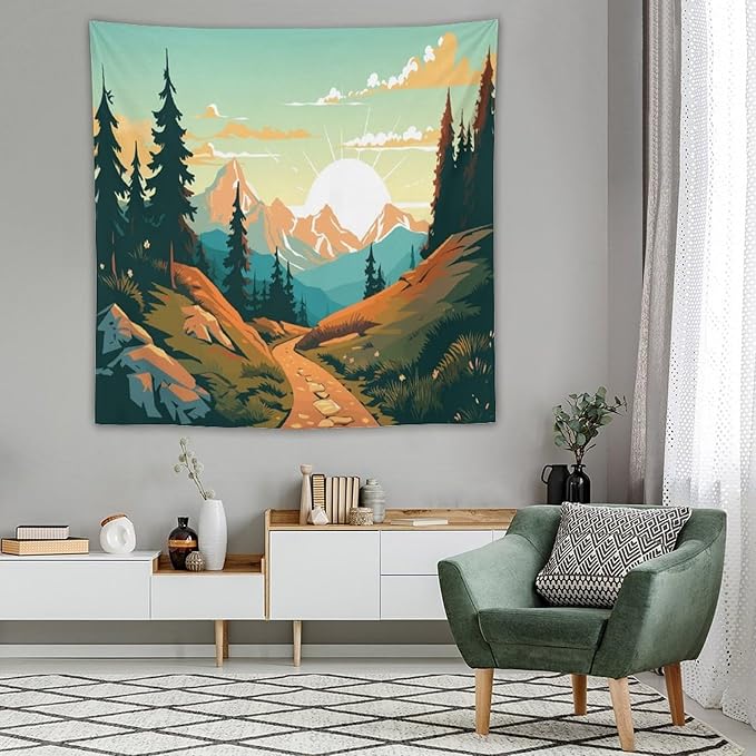 HZOHNAGO Mountain Tapestry Forest Mountain Sunrise Road Pattern Printed Wall Tapestry Wall Hanging for Bedroom Living Room Dorm 60" W x 60" H