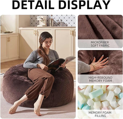 Bean Bag Chair 3Ft, Memory Foam Filled, Large Beanbag Chairs for Adults and Teens, Soft Sofa with Removable Flannel Cover, Round Couch for Living Room Bedroom College Dorm (Brown, 3FT-36×36"×24")