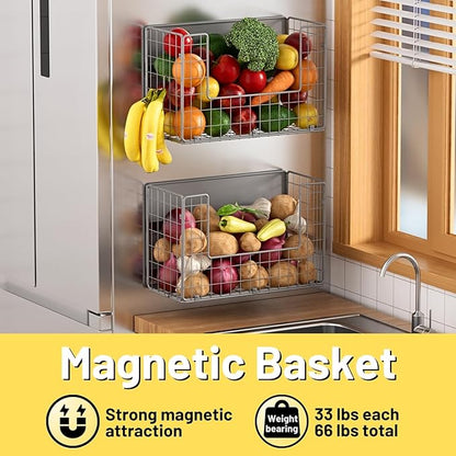 Magnetic Shelf for Fridge, Fruit Potato & Onion Storage Bins, Pantry Organizers & Storage, Large Container Magnetic Basket for Refrigerator, Kitchen Counter,Cabinet Magnetic Fridge Organizer Silver 1