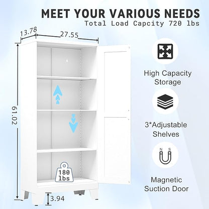 61.02" Pantry Cabinet, Kitchen Pantry Storage Cabinets with Adjustable Shelves and Feet, White Pantry Storage Cabinet for Kitchen, Dining Room, Living Room and Bathroom (White) Metal