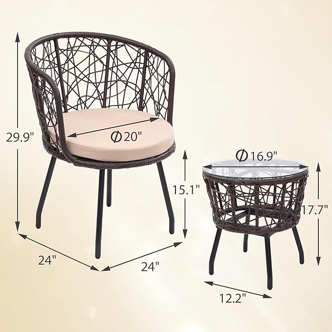 Kromax 3 Piece Bistro Set, Modern Outdoor Wicker Patio Furniture with Tempered Glass Table Top and 2 Chairs, Washable Cushions, Brown Rattan and Begie Cushion