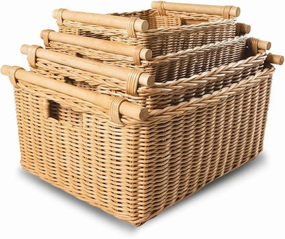 The Basket Lady Pole Handle Wicker Storage Basket, Medium, 16 in L x 12 in W x 8.25 in H, Sandstone