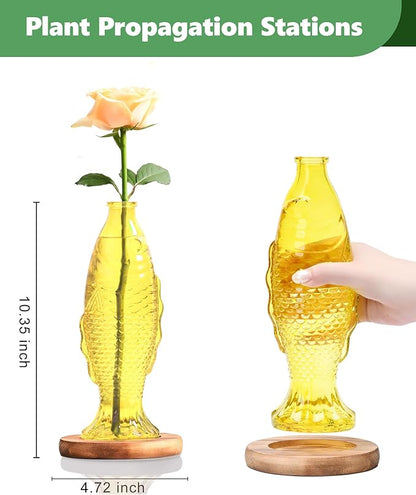 Nacome Fish Vase Glass Plant Terrarium with Wooden Stand,Planter Propagation Station for Home Office Hydroponics Desk Decoration,Unique Gardening Gifts for Plant Lovers Women Mom(Yellow)