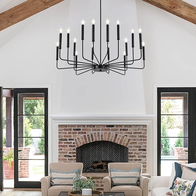 Modern Black Farmhouse Chandeliers, 16-Light Industrial Metal Chandelier Lighting, Classic Candle Hanging Pendant Light Fixtures for Kitchen Island, Living Room, Dining Room, Stair