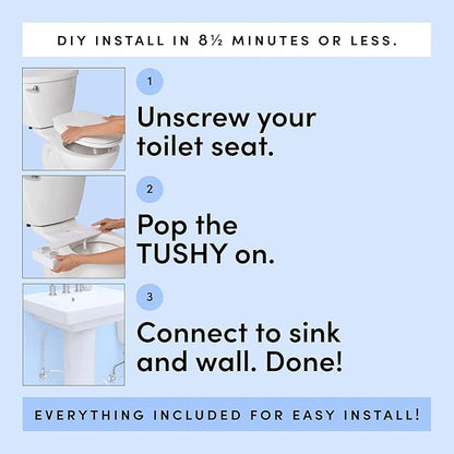 TUSHY Spa Warm Water Bidet Attachment for Toilet. Universal Fit, Easy Install (Requires Sink Access for Optional Temperature Control) Self Cleaning, Adjustable Pressure, Angle Control, Platinum Knob