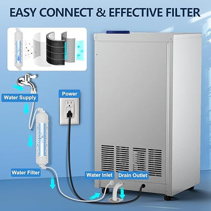 Commercial Ice Maker Machine, 150Lbs/24H with 45Lbs Storage, Fast Ice Making in 8-15Mins, Stainless Steel Under Counter or Freestanding Ice Machine for Home, Party, Office - 2 Water Inlet Modes