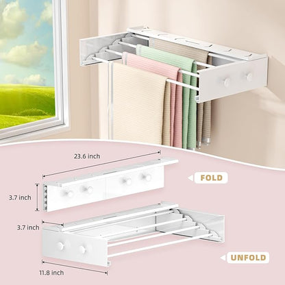 Wall Mounted Drying Rack with 4 Hooks and Shelf, Foldable Clothes Drying Rack for Laundry Room, Collapsible Laundry Rack Wall Mount, for Indoor Outdoor Hanging Clothes, 23.6 Inch