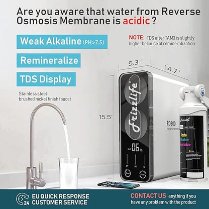 Frizzlife Reverse Osmosis Water Filter - Alkaline Mineral pH+, 600 GPD High Flow, Tankless RO Reverse Osmosis System, Under Sink, Reduce TDS, Compact, 2:1 Drain Ratio, PD600-TAM3