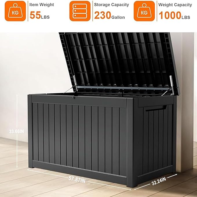 230 Gallon Deck Box Large Outdoor Storage for Patio Furniture,Outdoor Cushions,Garden Tools and Pool Supplies,Waterproof,Resin,Lockable(Black)