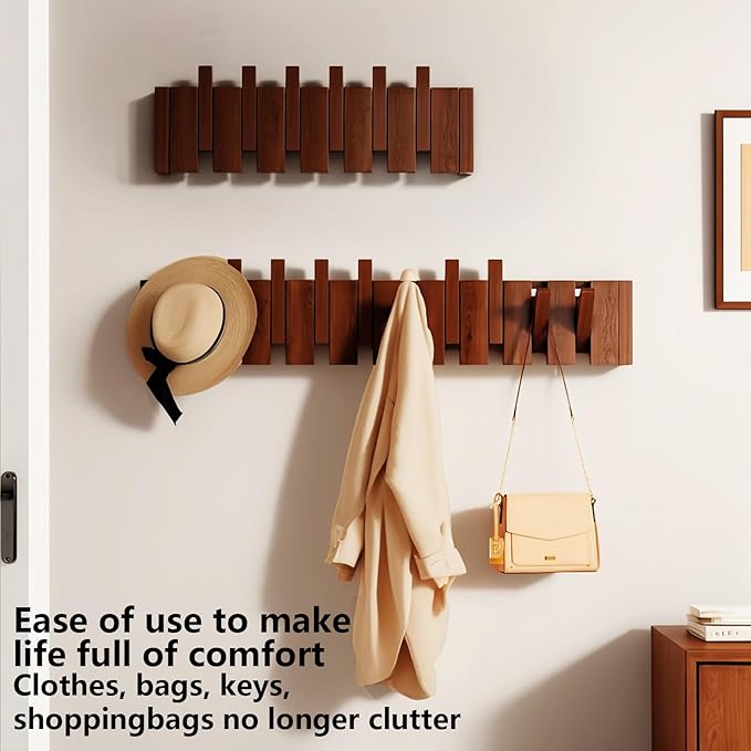 Wall Mounted Piano Key Hanger | Flip Style Hook | Entrance Wall Art Hook, Made of Oak Wood (3 Times Painted, 4 Times Polished) (Walnut, 8Hooks)