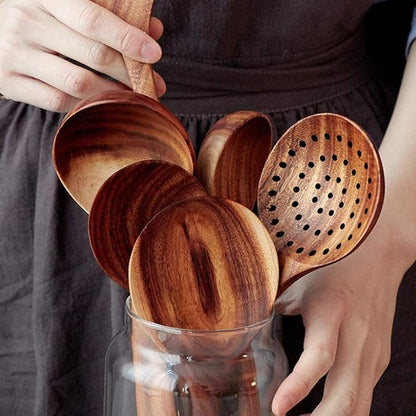 7 Pcs Acacia Wood Cooking Utensils Set Large Wooden Spoons for Cooking Spatula Salad Mixing Spoon Non Toxic Utensil for Kitchen Use Spatulas Non Stick Turner Slotted Serving Spoon Kitchen Utensils