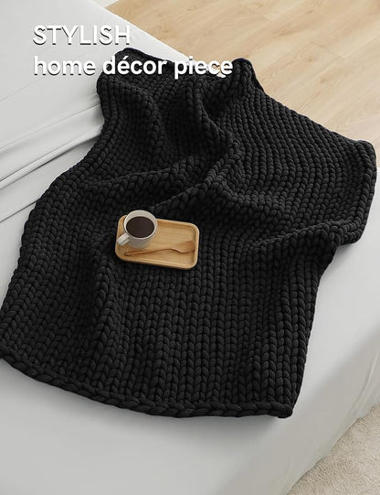 YnM Chunky Throw Blanket, Medium-Weight, Hand Knitted, Skin Friendly, Ventilated and Breathable, Machine Washable, Home Décor Piece for Couch, Sofa and Bed (Black, 40x50 Inch)