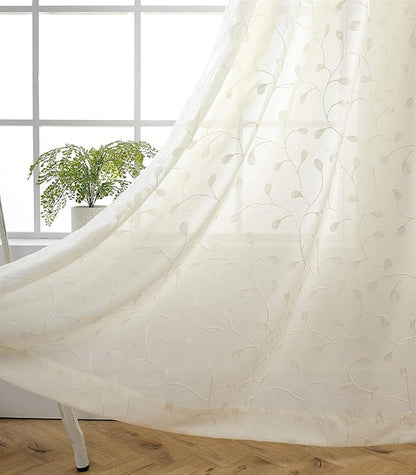 MIUCO Floral Embroidered Semi Sheer Curtains Faux Linen Grommet Curtains for Girls Room 52 x 84 Inch Set of 2, Off White