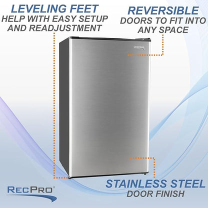 RecPro 3.3 Cu Ft 12V RV Refrigerator | Stainless Steel Frost-Free Fridge with Can Holder | Compact Camper Fridge with Door Storage, 7 Temp Settings | 19”W x 19”D x 32.75”H
