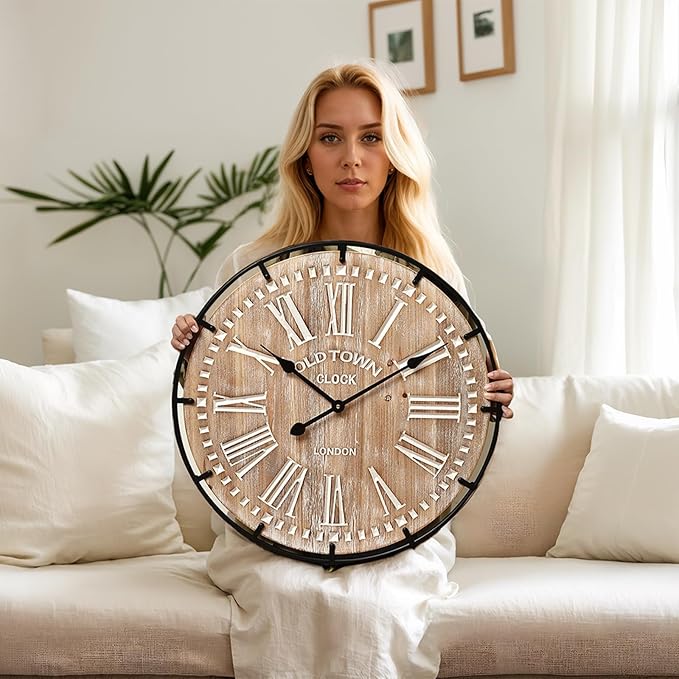 24 Inch Grand Farmhouse Wall Clock, Vintage-Inspired Wood & Metal Design with Large Etched Numbers, Silent Battery-Powered Timepiece for Offices, Kitchens, Bedrooms, and Living Rooms