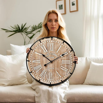 24 Inch Grand Farmhouse Wall Clock, Vintage-Inspired Wood & Metal Design with Large Etched Numbers, Silent Battery-Powered Timepiece for Offices, Kitchens, Bedrooms, and Living Rooms
