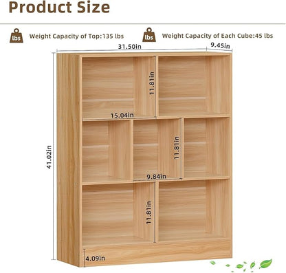 LEYAOYAO 7 Cube Bookshelf with Wood Base,Natural 3 Tier Mid-Century Modern Bookcase,Standing Wide Bookshelves Storage Organizer Shelf,Rustic Display Cabinet Book Shelves for Bedroom,Living Room