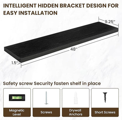 48 Inch Floating Shelves, 48"x9.25"x1.5" Inch Deep Floating Shelves for Wall, Wooden Shelves for Bathroom, Bedroom, Living Room, Black
