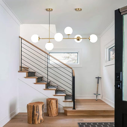 KCO Lighting Modern Globe Linear Chandelier 6 Light Milk Glass Chandeliers White and Gold Pendant Light Fixture Mid Century Rectangle Chandelier Brass Sputnik Island Lights for Kitchen