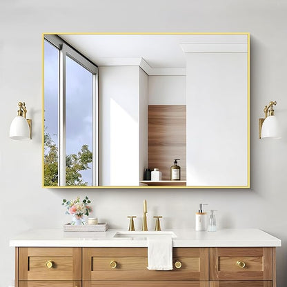 36x55inch Bathroom Mirror, Gold Rectangle Mirror with Thin Metal Frame, Large Rectangular Wall Mirror for Bathroom, Living Room, Hair Salon, Big Farmhouse Mirror Hang Horizontal/Vertical