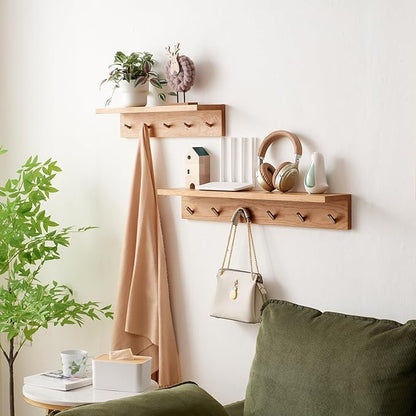 Oak Wood Wall Shelf with 5 Hooks, Entryway Shelf Coat Rack with Hooks Floating Shelves with Hooks for Clothes Hats Towel Purse Robes, Bathroom Mudroom Bedroom (20 inch)