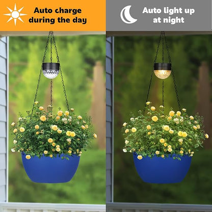 2 Packs Hanging Planters Basket for Outdoor Plants, Solar Powered Self Watering Blue Round Plastic Flower Pots with Drainer for Balcony Patio Garden Outdoor Decoration