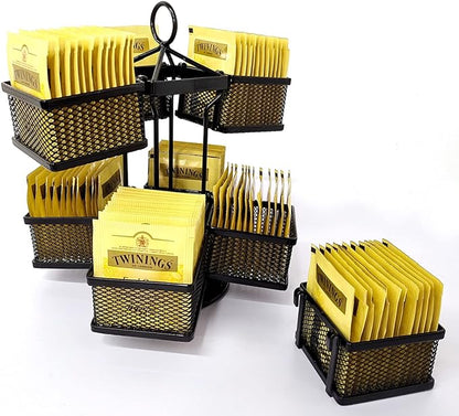 Tea Bag Organizer Coffee Holder Storage Spinning Carousel Basket Black Adjustable Tea Caddy For Kitchen Counter, Countertop, Cabinet