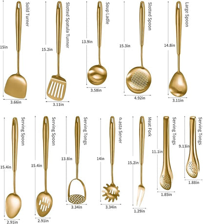 304 Stainlss Steel Matte Kitchen Utensils Set, 12 Pcs Long Metal Cooking Utensil Gadgets Tools Set with Spatula, Ladle, Spoon, Ladle, Skimmer, Tunner, Pasta Server, Tongs(Gold, Dishwasher Safe)