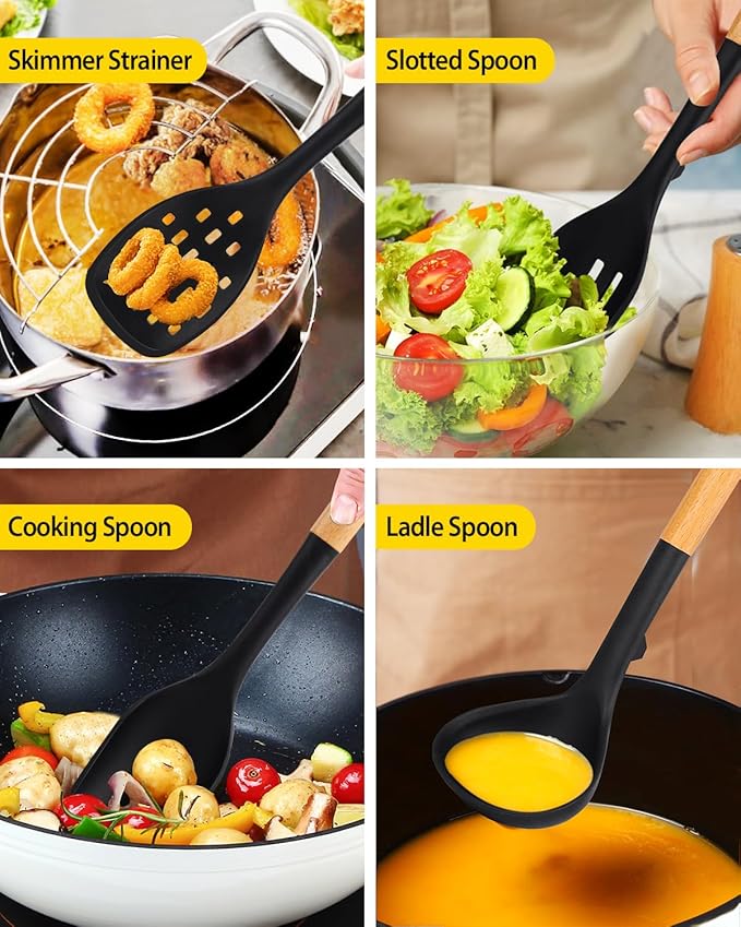 Silicone Kitchen Utensil Set for Non Stick Cookware, 7 Pcs Heat Resistant Cooking Utensils with Wooden Handle, BPA Free Kitchen Tools with Spatulas, Spoons, Skimmer and Pasta Fork (BLACK)