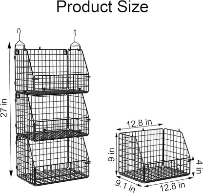 Stackable Wire Storage Baskets for Kitchen Closet Pantry, Hanging Closet Organizers Storage Shelves Organization, Wall Mount Metal Basket Bins, Clothing Vegetable & Fruit Organizer 3 pcs