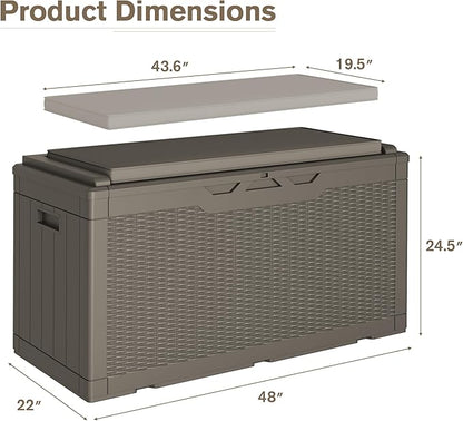 JUMMICO 100 Gallon Resin Deck Box with Cushion, Waterproof Outdoor Storage Box with Lockable Lid for Garden Tools, Patio Cushions (Light Brown)