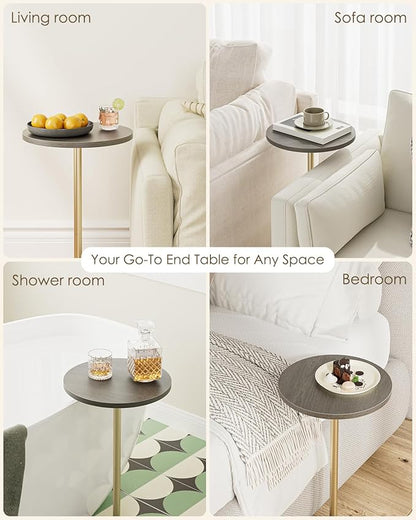 Masupu Drink Table, Round Side Table for Small Spaces, Pedestal Side Table, Small End Table with Metal Base, for Living Room, Bedroom, Bathroom, Grey
