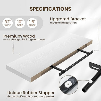 Fun Memories Floating Shelves for Wall, 32 Inch Long Floating Shelves Set of 2, 32 x 10 Wooden Shelves for Wall, Large Storage Shelves, Hanging Shelves for Bathroom Kitchen Bedroom, White