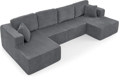HYJT-H&K Modular Sectional Sofa Cloud Secttional Couch, 132" Comfy U Shaped Couches for Living Room, Deep Seat Memory Foam Fluffy Plush Corduroy Boneless Couch Sectionals with Chaise, Grey