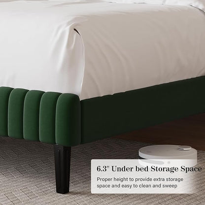 King Size Bed Frame, Velvet Upholstered Platform Bed with Vertical Channel Tufted Headboard and Footboard, No Box Spring Required, Easy Assembly, Green