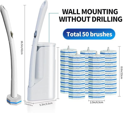Disposable Toilet Brush Cleaning System with 50pcs Refills Pads Replacement Heads, Toilet Cleaning Stick, Wall Mounted Toliet Wand Kit Bathroom Maintenance, Toilet Bowl Cleaner Wands Holder and Set