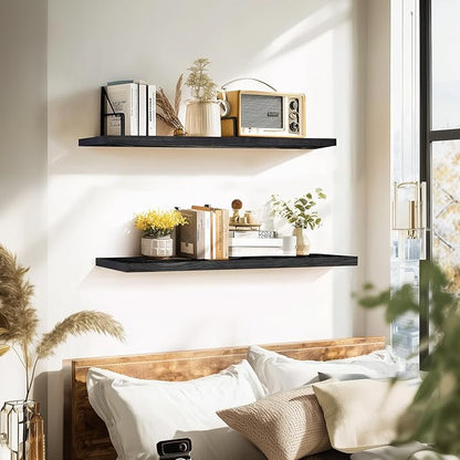 Floating Wall Shelves 2-Pack - 36-Inch Rustic Black Wooden Shelves for Storage and Décor, Easy Installation for Living Room, Bedroom, and Kitchen