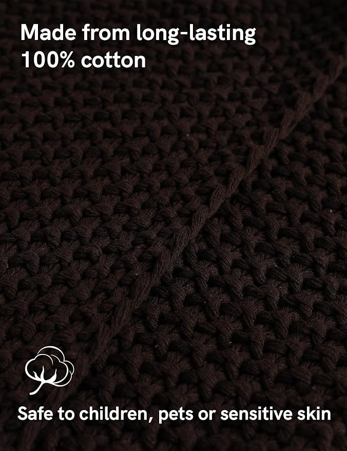 YnM Chunky Cotton Knit Throw Blanket, Cable Knit Throws for Bed Couch Sofa, Comfy & Relaxing, Decorative Piece for Farmhouse Modern Boho Rustic Scandinavian Chic Vibe, Chocolate Brown 40x50 Inches
