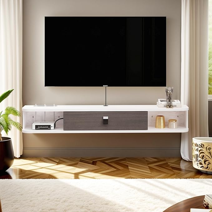 Pmnianhua Floating TV Console,63'' Wall-Mounted Media Console TV Cabinet Floating TV Stand Entertainment Shelf with Door and Storage (Grey White)