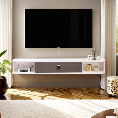 Pmnianhua Floating TV Console,63'' Wall-Mounted Media Console TV Cabinet Floating TV Stand Entertainment Shelf with Door and Storage (Grey White)