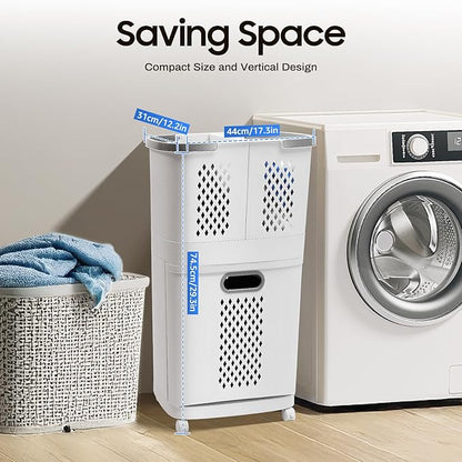 Movable Household Laundry Basket,2 Tier Laundry Hamper Basket Sorter with Wheels&Handle,Large Hand-Held Laundry Basket Clothes Storage Organizer for Bathrooms Bedrooms
