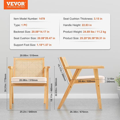 VEVOR Mid Century Modern Rattan Chair, Upholstered Velvet Accent Chair with Rattan Back, Retro Living Room Chair for Living Room, Bedroom, Reading Room, and Office, Beige