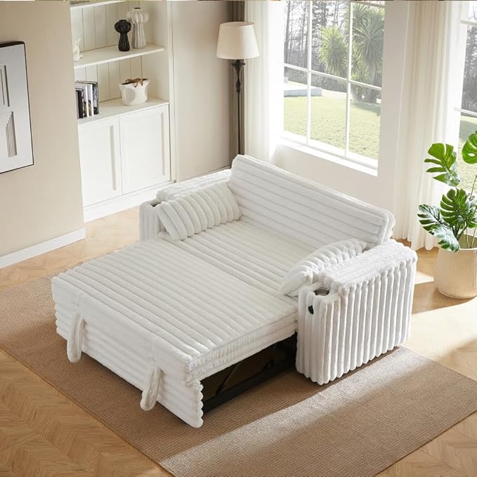 68.11" Corduroy Sleeper Chair Bed with USB Port, Cup Holders & Side Storage Pockets – 3-in-1 Foldable Sofa Bed for Guest Room, Living Room -White