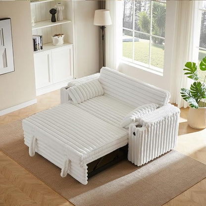 68.11" Corduroy Sleeper Chair Bed with USB Port, Cup Holders & Side Storage Pockets – 3-in-1 Foldable Sofa Bed for Guest Room, Living Room -White