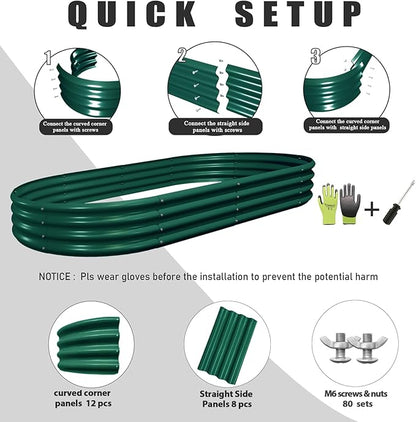 2 Pack 8x4x1FT Galvanized Raised Garden Bed Kit Oval Metal Ground Planter Box Outdoor Bottomless Planter Raised Beds for Vegetables Flowers Herbs Fruits, Green
