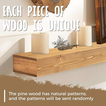60x8x3 Fireplace Mantel - Handcrafted Hollow Rustic Solid Wood Wall Mounted Floating Shelf with Invisible Heavy Duty Wood Bracket (Natural Wood)