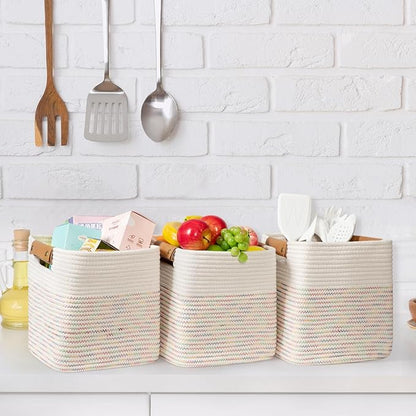 danpinera 11"x11" Storage Cubes, Soft Boho Storage Basket with Neat Stitching, 3-Pack Cube Storage Organizer, Woven Baskets for Storage in Living Room, Kids Room, Bedroom, Rainbow