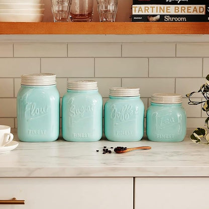 Young's Inc. 4 Pcs Set Casual Provincial Ceramic Canisters- Storage Container for Kitchen and Bathroom - Beautiful Home Decor Accent to Store Food, Coffee, Tea, and More - Green, White
