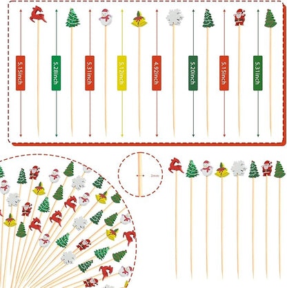 Christmas Cocktail Picks Toothpicks Fruit Dessert Sticks Food Sandwich Appetizer Charcuterie Skewers for Xmas Tree Snowman Elk Snowflake Christmas Decorations Themed Party Supplies, 5", 100 Count